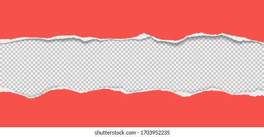 Pieces of torn red horizontal paper with soft shadow stuck on white background. Vector illustration