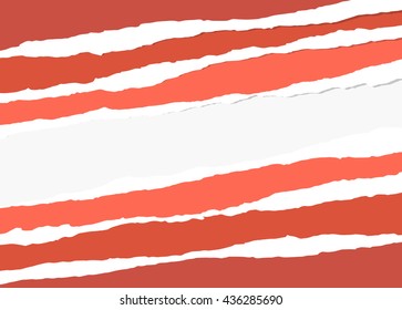 Pieces of torn red paper are stuck on white background
