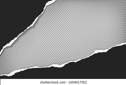 Pieces of torn, ripped black diagonal paper with soft shadow are on grey squared background for text. Vector illustration