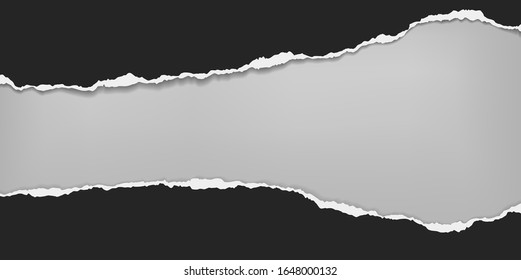 Pieces of torn, ripped black horizontal paper with soft shadow is on grey background for text. Vector illustration