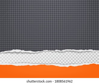 Stücke von zerrissenem, gerissenem schwarz-orangefarbenem Papier mit weichem Schatten sind auf weißem, transparentem Hintergrund für Text. Vektorgrafik