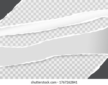 Pieces of torn, ripped black and white paper with soft shadow are on squared background for text. Vector illustration