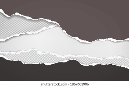 Pieces of torn, ripped brown, grey paper strips with soft shadow are on white background for text. Vector illustration