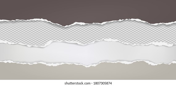 Pieces of torn, ripped dark brown paper with soft shadow are on white background for text. Vector illustration