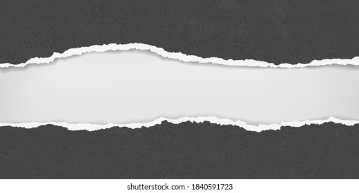 Pieces of torn, ripped distressed black paper with soft shadow are on white background for text. Vector illustration