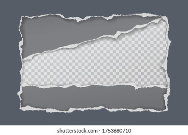 Pieces of torn, ripped grey paper frame with soft shadow are on white background for text. Vector illustration