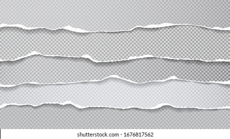Pieces of torn, ripped horizontal white, grey paper with soft shadow are on squared background for text. Vector illustration