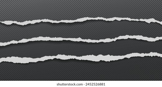 Pieces of torn, ripped horizontal whitey paper with soft shadow are on black squared background. Vector illustration.