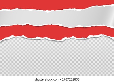 Pieces of torn, ripped red and white paper with soft shadow are on squared background for text. Vector illustration