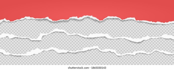 Pieces of torn, ripped red and white paper strips with soft shadow are on grey transparent background for text. Vector illustration