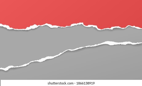 Pieces of torn, ripped red and white paper strips with soft shadow are on grey background for text. Vector illustration