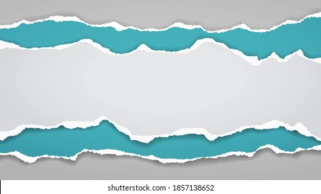 Pieces of torn, ripped turquoise and white paper with soft shadow are on grey background for text. Vector illustration