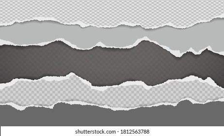 Pieces of torn, ripped white and grey paper with soft shadow are on squared background for text. Vector illustration