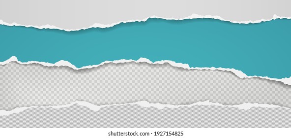 Pieces of torn, ripped white and turquoise paper with soft shadow are on squared, transparent background for text. Vector illustration
