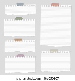 Pieces Of Torn White Blank Lined Note Paper With Colorful Sticky Tape On Gray Background