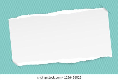 Pieces of torn white blank, note, copybook, notebook paper strips, sheets inserted into squared turquoise cut background