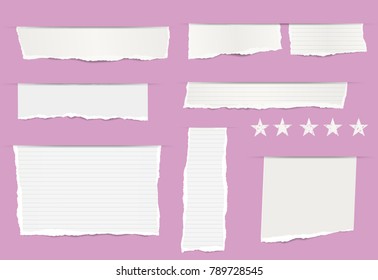Pieces of torn white blank and ruled copybook strips inserted into cut paper on purple background with stars.