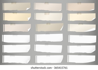 Pieces of torn white, brown blank note paper with adhesive tape