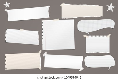 Pieces of torn white, brown lined note, notebook paper with speech bubble stuck with sticky tape on gray background