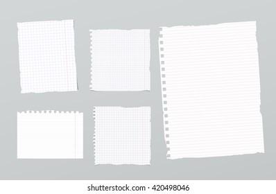 Pieces of torn white and different size lined, squared notebook paper on gray background