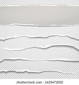 Pieces of torn white and horizontal paper with soft shadow are on grey squared background for text. Vector illustration