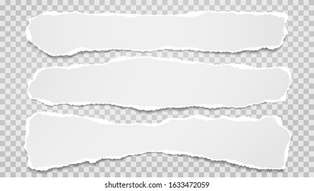 Pieces of torn white and horizontal paper with soft shadow are on grey squared background for text. Vector illustration