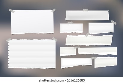 Pieces of torn white lined and blank note, notebook paper strips for text stuck with sticky tape on colorfu background.