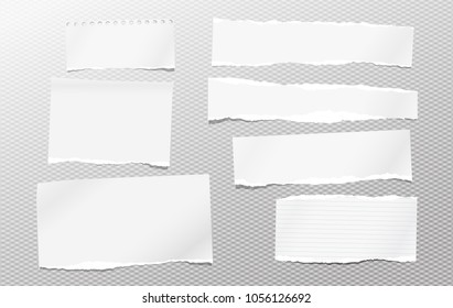 Pieces of torn white lined and blank note, notebook paper strips for text stuck on squared background