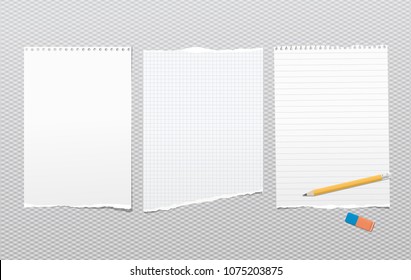 Pieces of torn white lined, blank note, notebook paper sheets for text stuck on squared background with pencil, eraser