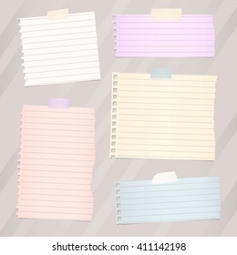 Pieces of torn white lined note paper, banners are stuck on brown diagonal background