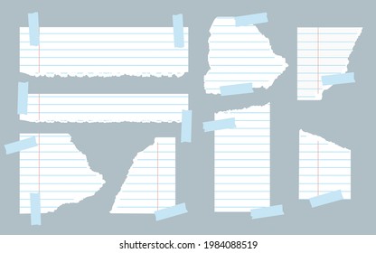 Pieces of torn white lined notebook paper different shapes with adhesive tape. Ripped paper templates with frayed edge for scraps, reminder, education note. Vector illustration on gray background