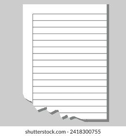 Pieces of torn white lined notebook paper on gray background. Vector Illustration.