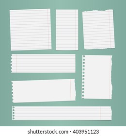 Pieces of torn white lined notebook paper are stuck on turquoise background