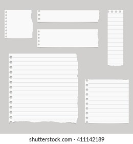 Pieces of torn white lined notebook paper are stuck on gray background