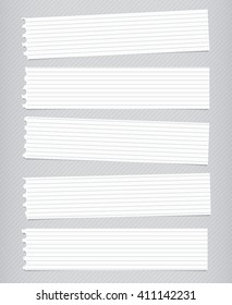 Pieces of torn white lined notebook paper, banners are stuck on gray diagonal background