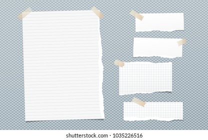 Pieces of torn white lined and squared note, notebook paper sheet for text stuck with brown sticky tape on blue background.