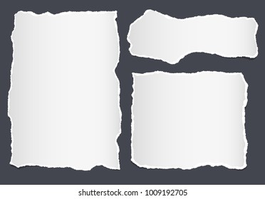 Pieces of torn white note, notebook paper sheets stuck on black background