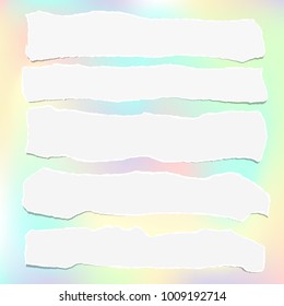 Pieces of torn white note, notebook paper strips stuck on pastel holographic background