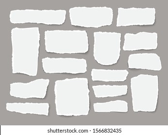 Pieces of torn white note paper different shapes isolated on gray background realistic vector illustration