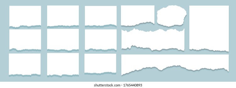 Pieces of torn white note paper different shapes isolated on gray background realistic vector illustration.