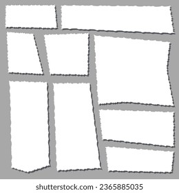 Pieces of torn white note paper different shapes isolated on gray background realistic vector illustration, Notepad torn paper for message note, page or banner and cardboard blank ripped piece strips