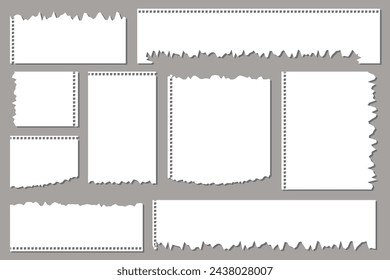 Pieces of torn white note paper different shapes isolated on gray background realistic vector illustration, Notepad torn paper for message note, page or banner and cardboard blank ripped piece strips