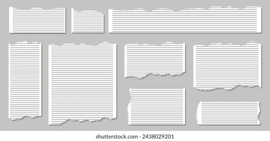Trozos de papel de nota blanco rasgado diferentes formas aisladas en fondo gris ilustración vectorial realista, papel rasgado Bloc de notas para nota de mensaje, página o banner y tiras de pedazos rasgados en blanco de cartón