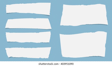 Pieces of torn white note paper with copy space are stuck on squared blue pattern