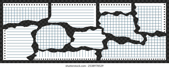 Pieces of torn white notebook paper with lines and squares on transparent background