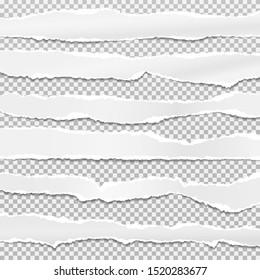 Pieces of torn, white realistic horizontal paper strips with soft shadow are on squared grey background. Vector illustration