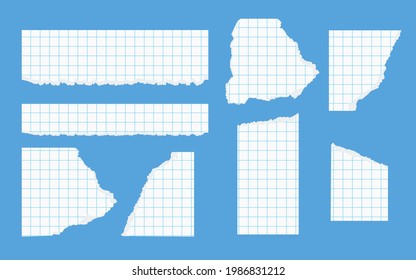 Pieces of torn white squared notebook paper different shapes with adhesive tape. Ripped paper template with frayed edge. Checkered school sheet for memo, scraps. Vector illustration on blue background