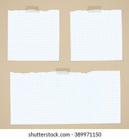 Pieces of torn white squared notebook paper with sticky tape on brown background