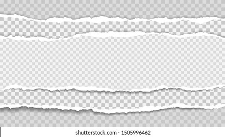 Pieces of torn, white squared realistic horizontal paper strips with soft shadow are on grey background. Vector illustration