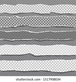 Pieces of torn, white squared realistic horizontal paper strips with soft shadow are on dark grey background. Vector illustration